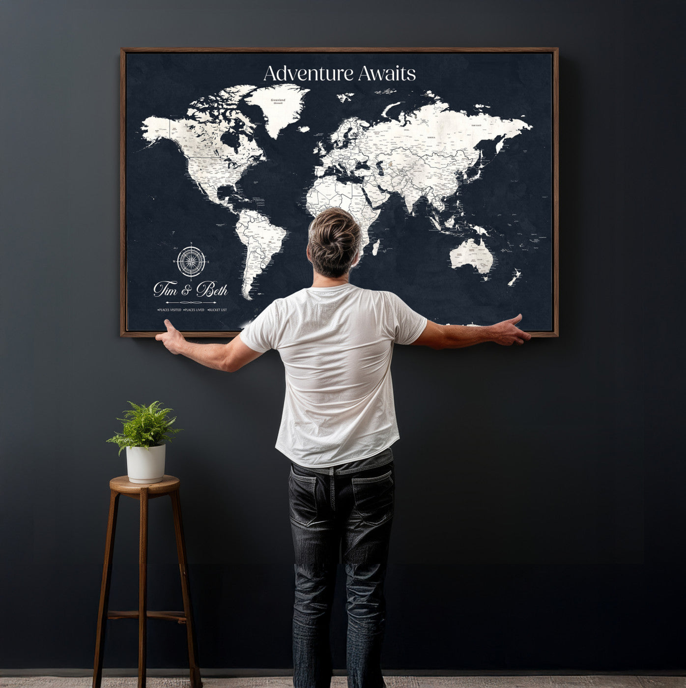 84045875-MGV-CV-36X24 - Custom Push Pin World Map Wall Art Canvas Print – Personalized Travel Tracker with Pins Framed Large for Home and Office Decor