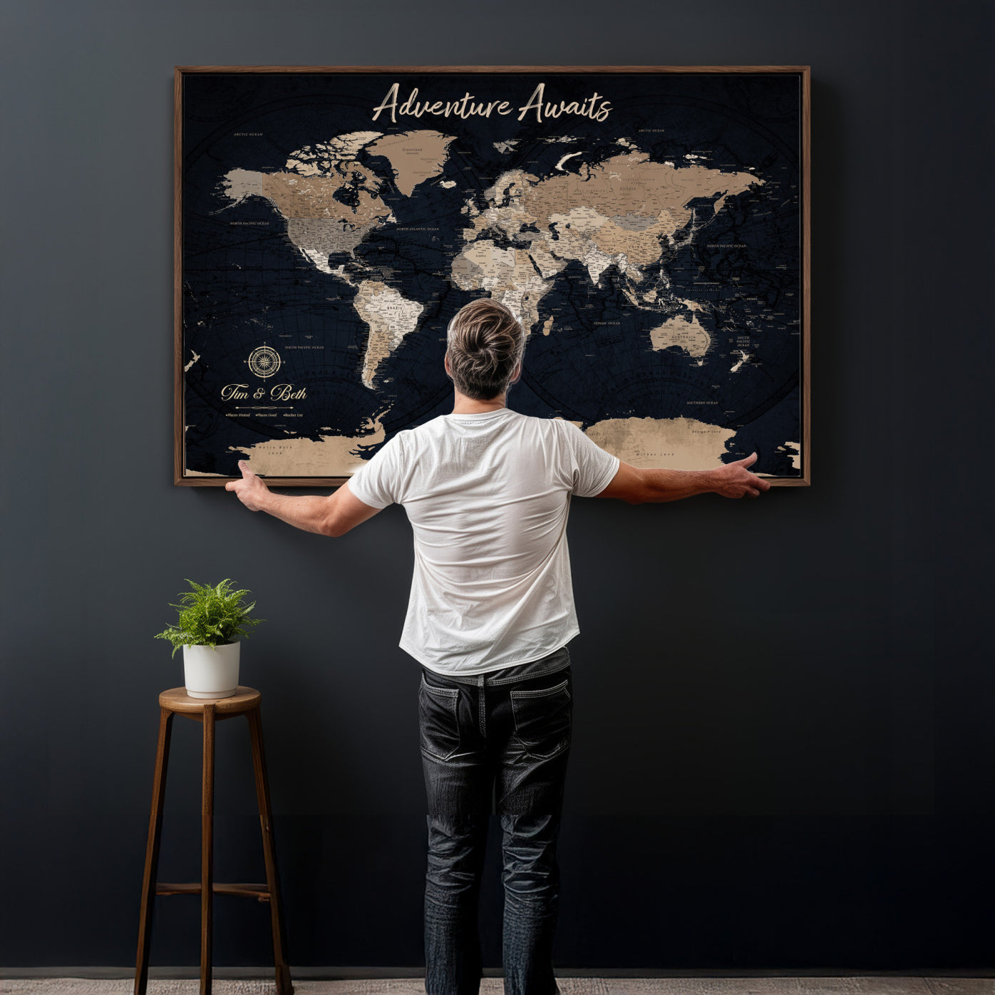 66938317-MGV-CV-36X24 - Custom Push Pin World Map Wall Art Canvas Print – Personalized Travel Tracker with Pins Framed Large for Home and Office Decor