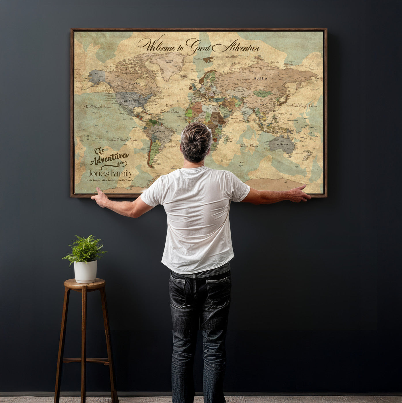 38092909-MGV-CV-36X24 - Custom Push Pin World Map Wall Art Canvas Print – Personalized Travel Tracker with Pins Framed Large for Home and Office Decor