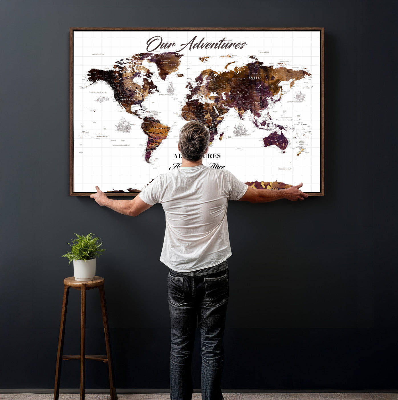 95729279-MGV-CV-36X24 - Custom Push Pin World Map Wall Art Canvas Print – Personalized Travel Tracker with Pins Framed Large for Home and Office Decor