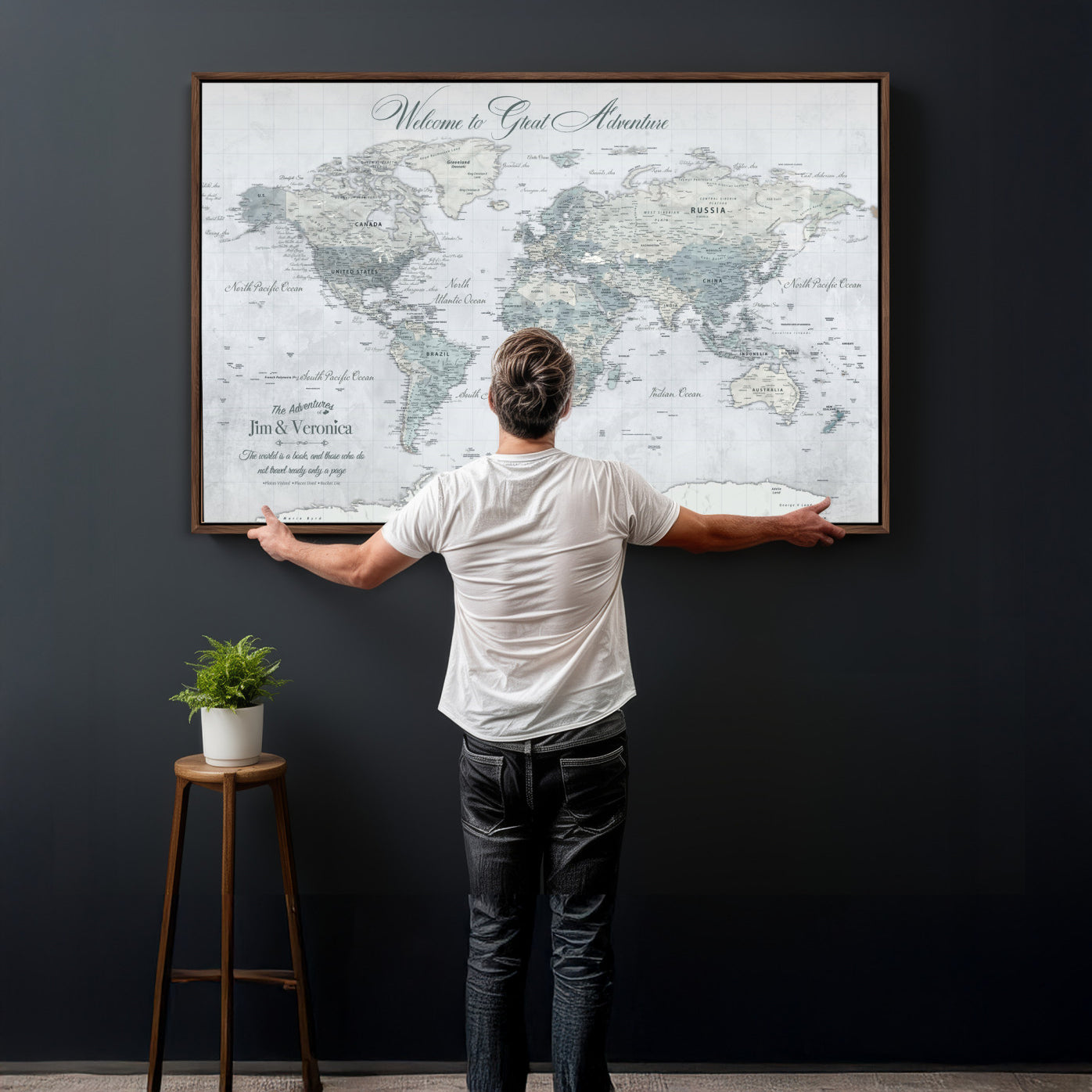 55391088-MGV-CV-36X24 - Custom Push Pin World Map Wall Art Canvas Print – Personalized Travel Tracker with Pins Framed Large for Home and Office Decor