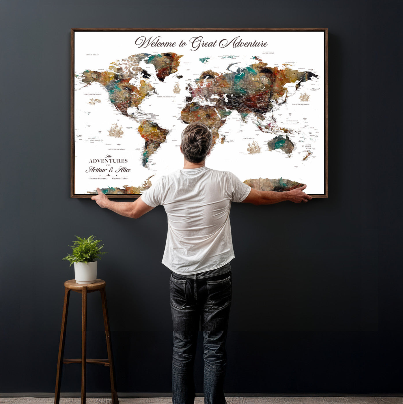 20271103-MGV-CV-36X24 - Custom Push Pin World Map Wall Art Canvas Print – Personalized Travel Tracker with Pins Framed Large for Home and Office Decor
