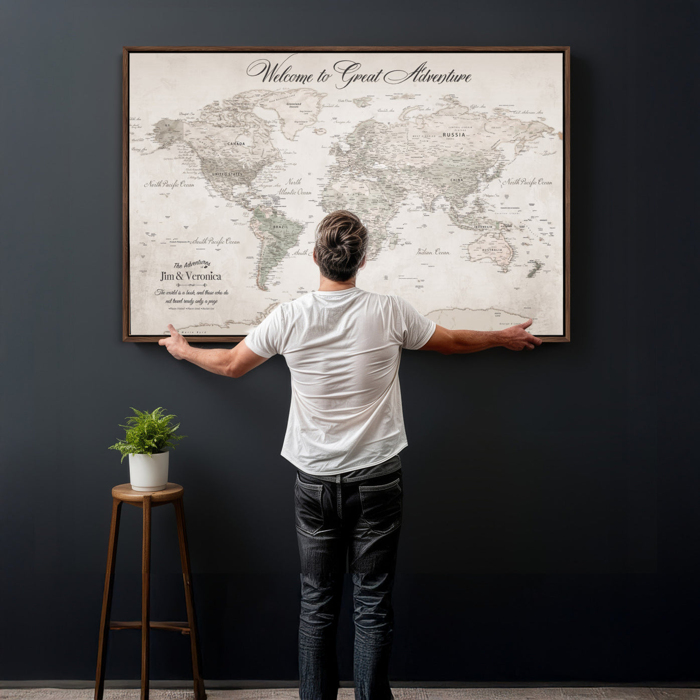 84311132-MGV-CV-36X24 - Custom Push Pin World Map Wall Art Canvas Print – Personalized Travel Tracker with Pins Framed Large for Home and Office Decor