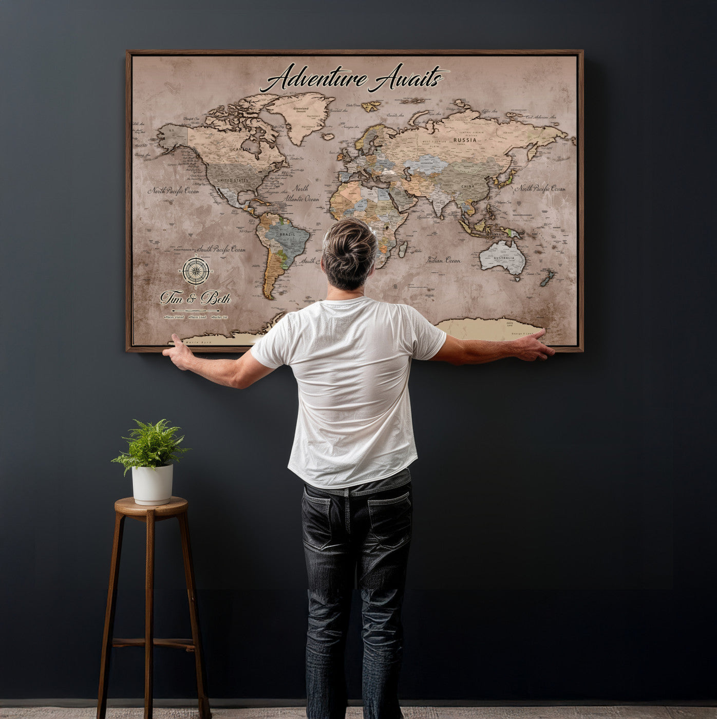 30508877-MGV-CV-36X24 - Custom Push Pin World Map Wall Art Canvas Print – Personalized Travel Tracker with Pins Framed Large for Home and Office Decor