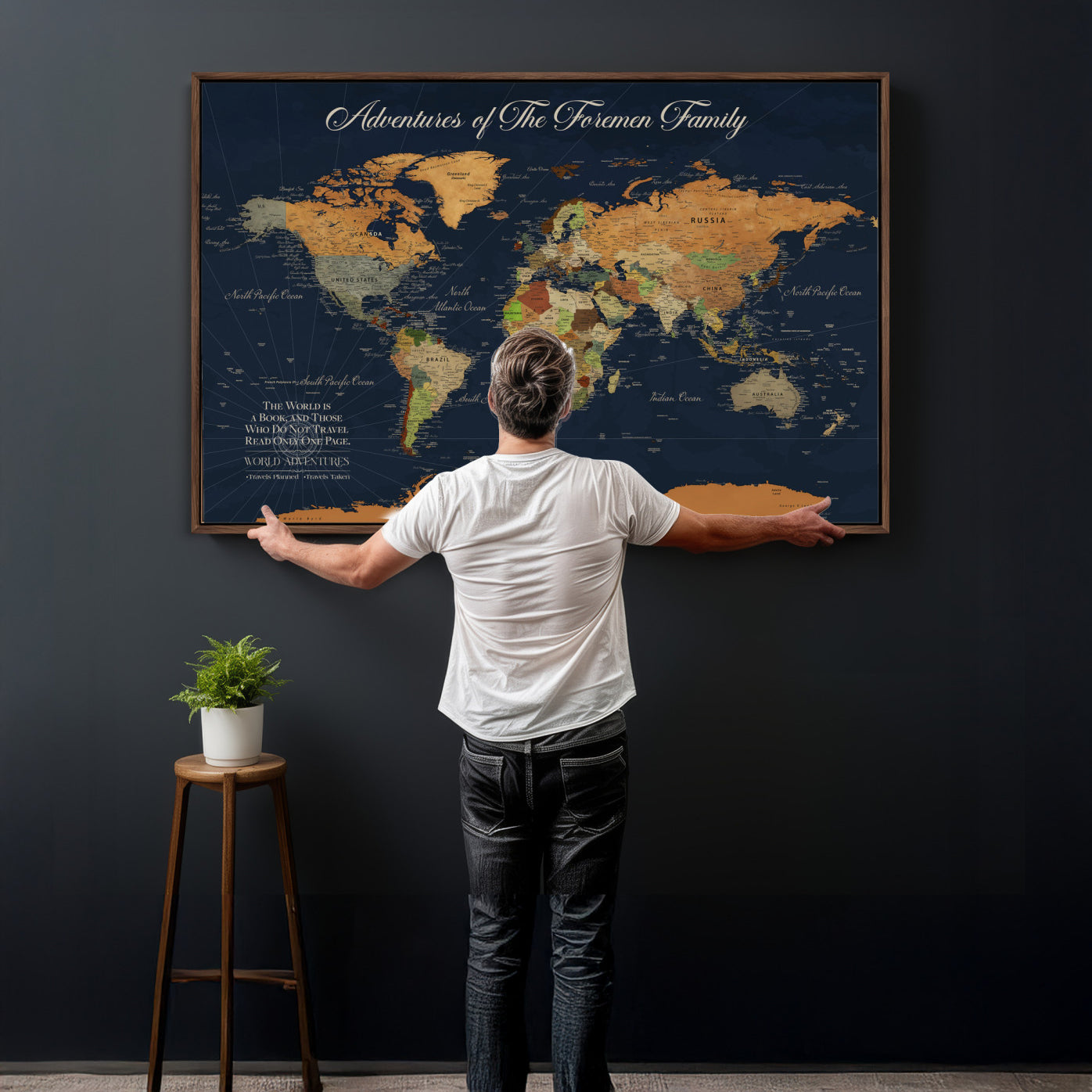 84352304-MGV-CV-36X24 - Custom Push Pin World Map Wall Art Canvas Print – Personalized Travel Tracker with Pins Framed Large for Home and Office Decor