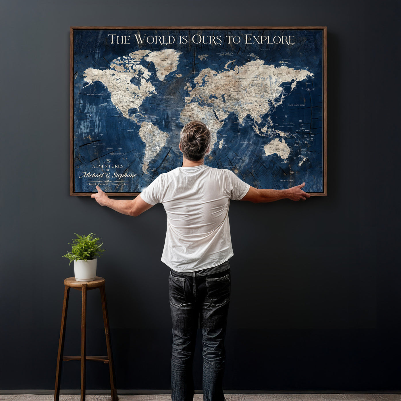 76965912-MGV-CV-36X24 - Custom Push Pin World Map Wall Art Canvas Print – Personalized Travel Tracker with Pins Framed Large for Home and Office Decor