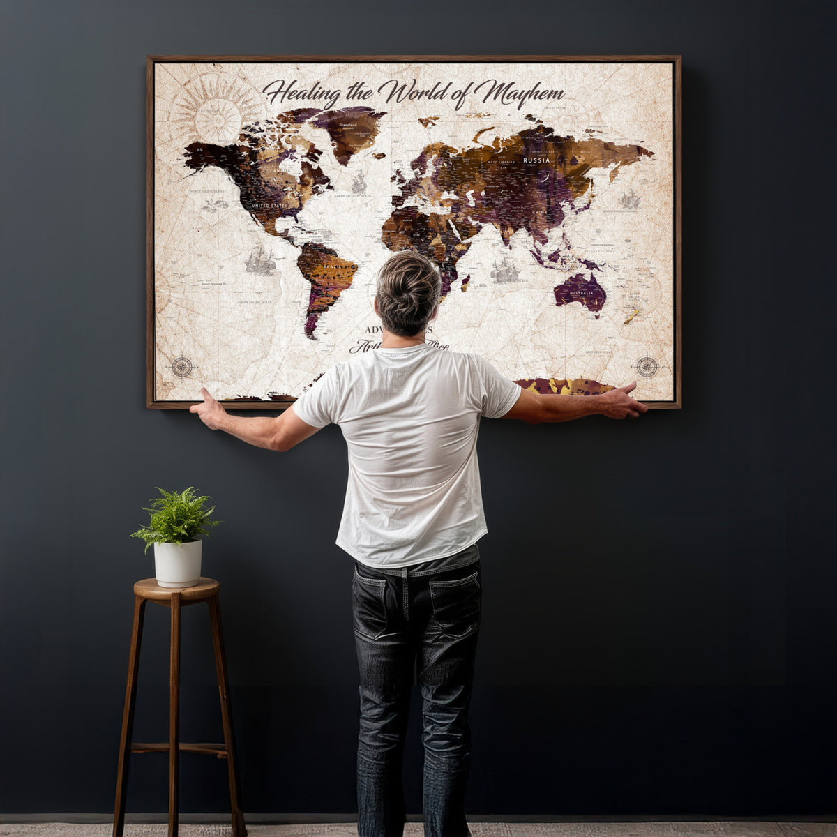 20154714-MGV-CV-36X24 - Custom Push Pin World Map Wall Art Canvas Print – Personalized Travel Tracker with Pins Framed Large for Home and Office Decor