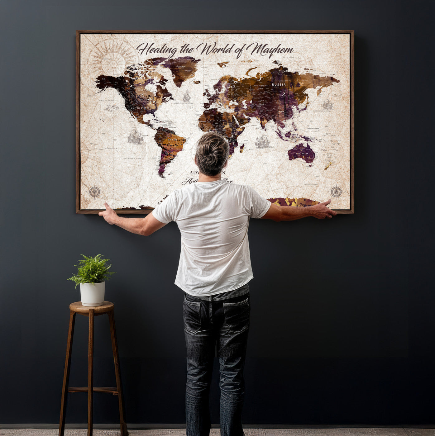 20154714-MGV-CV-36X24 - Custom Push Pin World Map Wall Art Canvas Print – Personalized Travel Tracker with Pins Framed Large for Home and Office Decor
