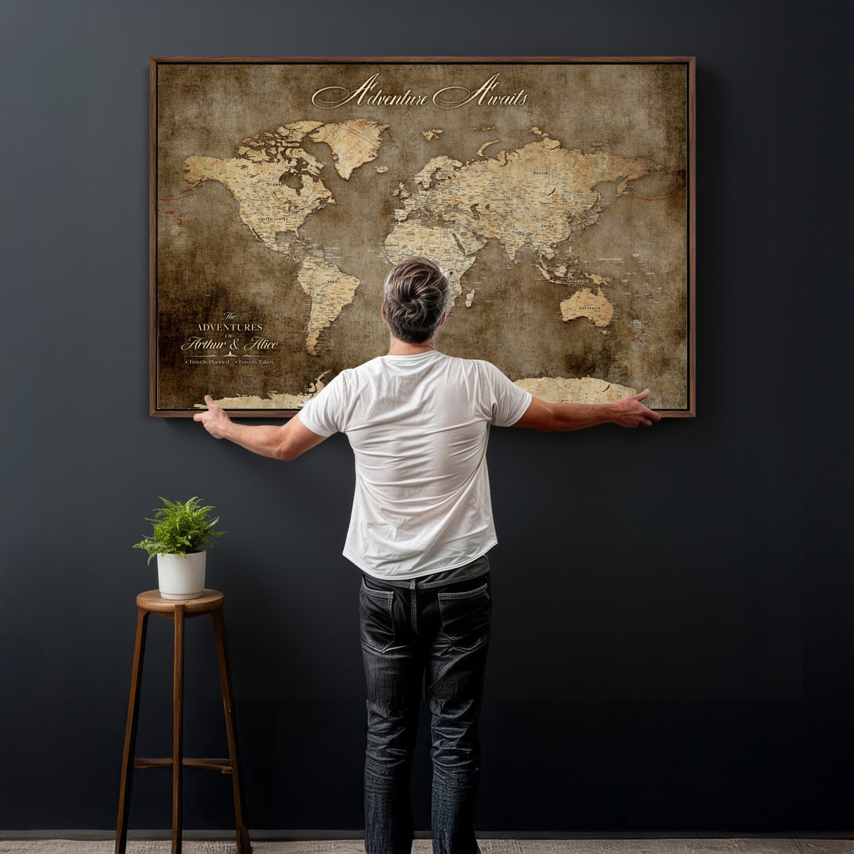 61836190-MGV-CV-36X24 - Custom Push Pin World Map Wall Art Canvas Print – Personalized Travel Tracker with Pins Framed Large for Home and Office Decor