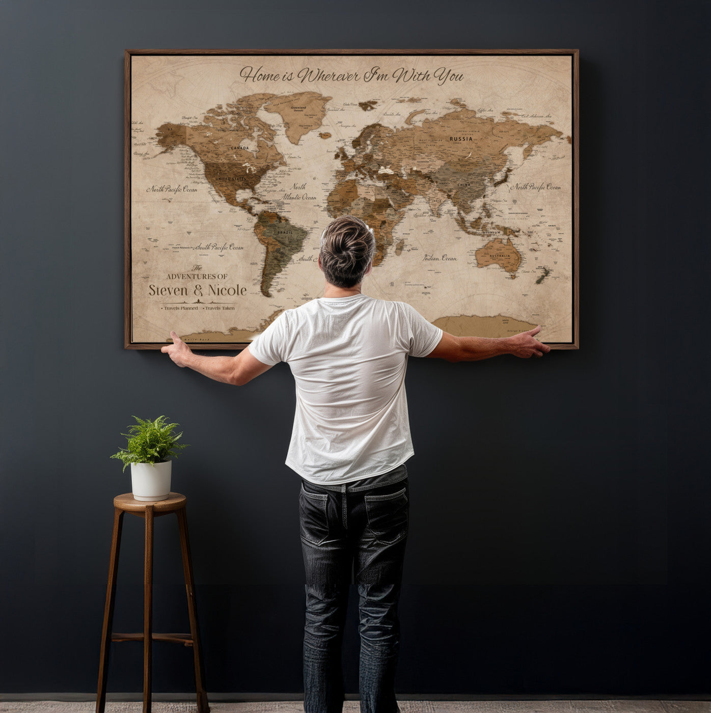 67360040-MGV-CV-36X24 - Custom Push Pin World Map Wall Art Canvas Print – Personalized Travel Tracker with Pins Framed Large for Home and Office Decor
