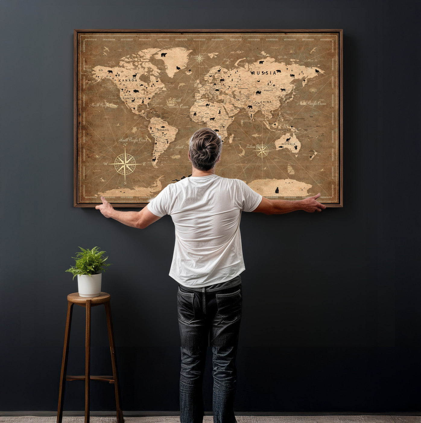 16235283-MGV-CV-36X24 - Custom Push Pin World Map Wall Art Canvas Print – Personalized Travel Tracker with Pins Framed Large for Home and Office Decor