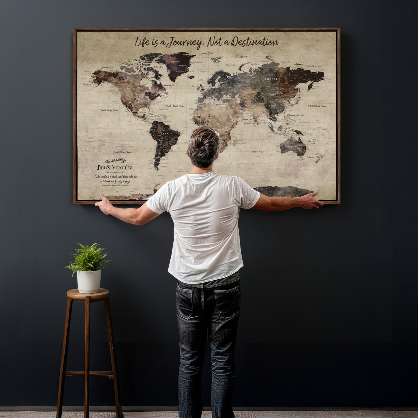 58257942-MGV-CV-36X24 - Custom Push Pin World Map Wall Art Canvas Print – Personalized Travel Tracker with Pins Framed Large for Home and Office Decor