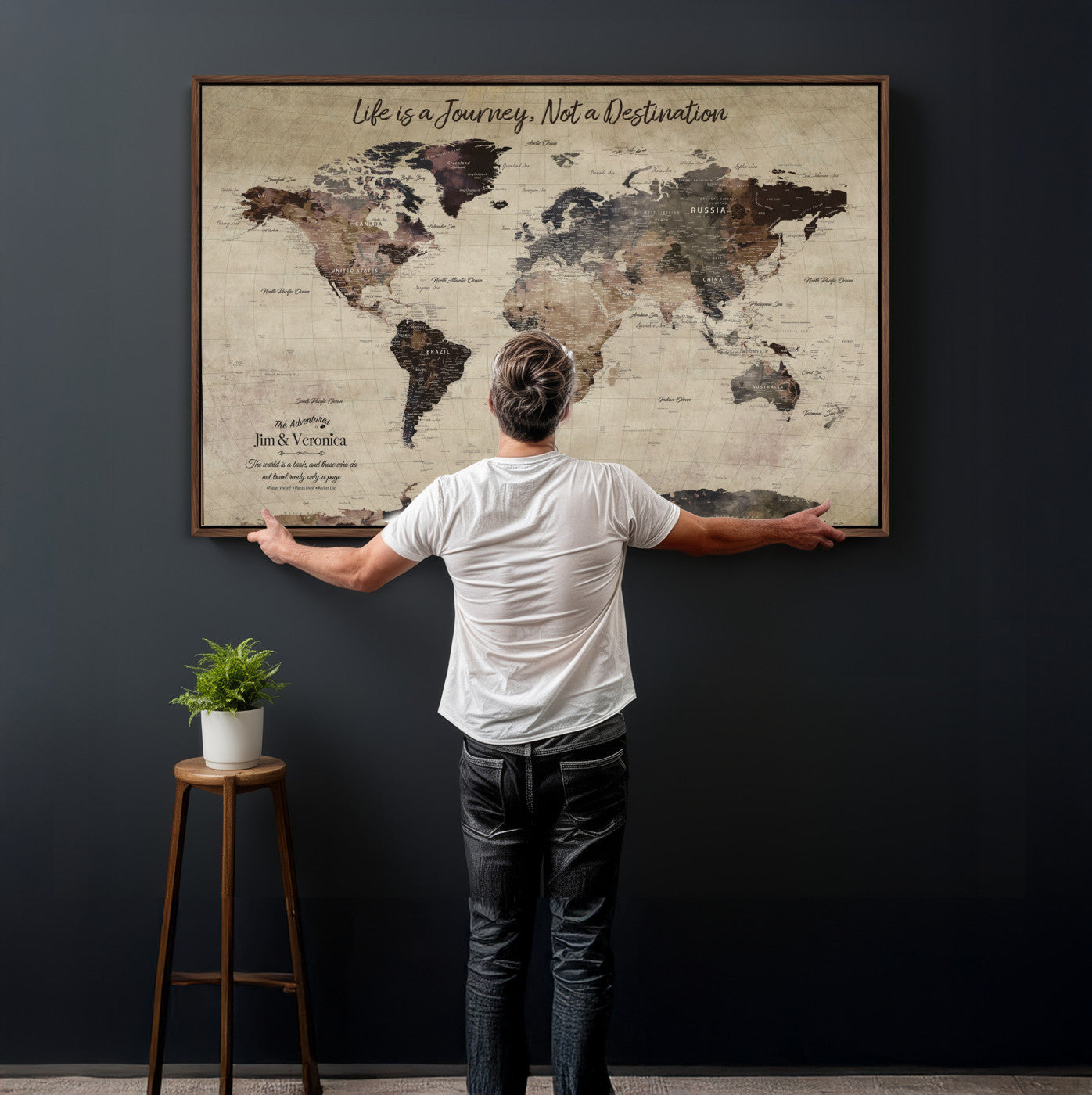 58257942-MGV-CV-36X24 - Custom Push Pin World Map Wall Art Canvas Print – Personalized Travel Tracker with Pins Framed Large for Home and Office Decor
