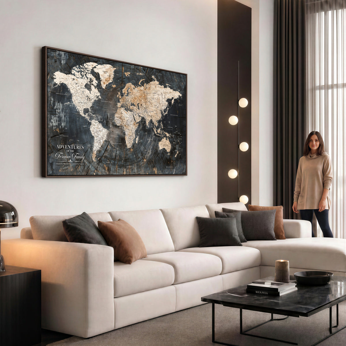 77865338-MGV-CV-36X24 - Personalized Framed Beige Push Pin World Map Canvas Print, Bucket List Map, Living Room and Hallway Decor