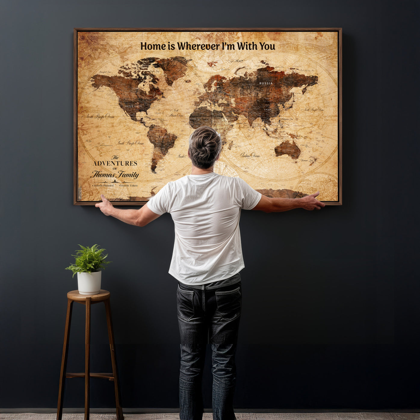 47310001-MGV-CV-36X24 - Custom Push Pin World Map Wall Art Canvas Print – Personalized Travel Tracker with Pins Framed Large for Home and Office Decor