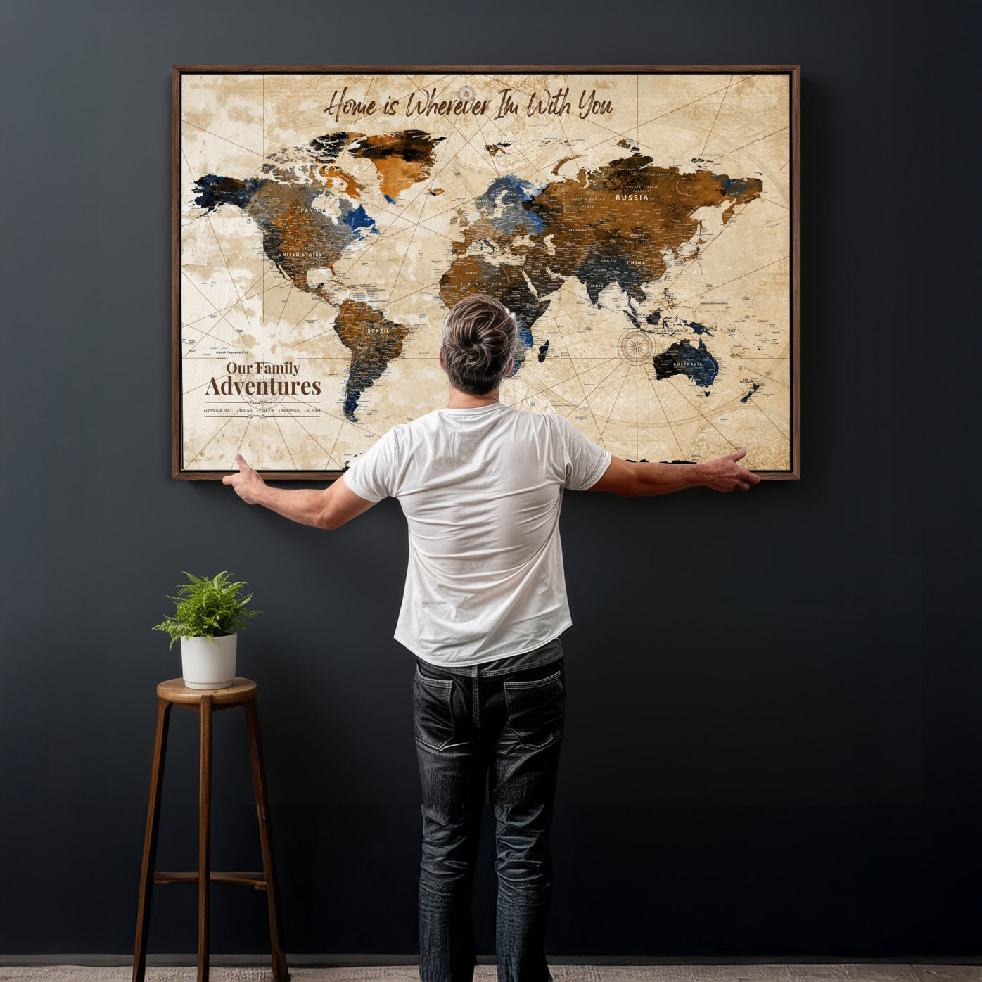 20227642-MGV-CV-36X24 - Custom Push Pin World Map Wall Art Canvas Print – Personalized Travel Tracker with Pins Framed Large for Home and Office Decor