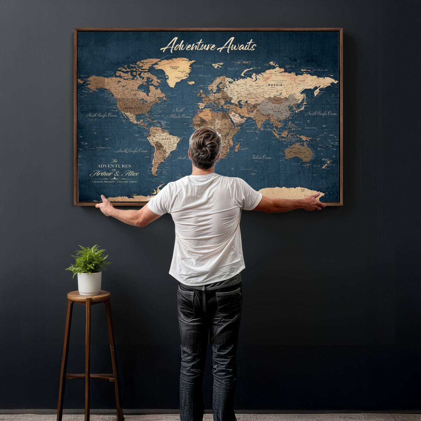 64110391-MGV-CV-36X24 - Custom Push Pin World Map Wall Art Canvas Print – Personalized Travel Tracker with Pins Framed Large for Home and Office Decor