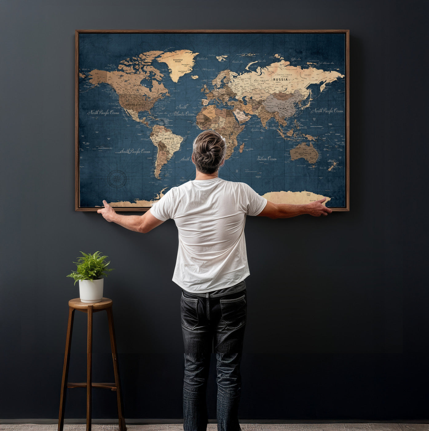 69886352-MGV-CV-36X24 - World Map Wall Art Canvas Print, Modern Decorative Framed Map Artwork Prints for Living Room, Office, Bedroom Wall Decor