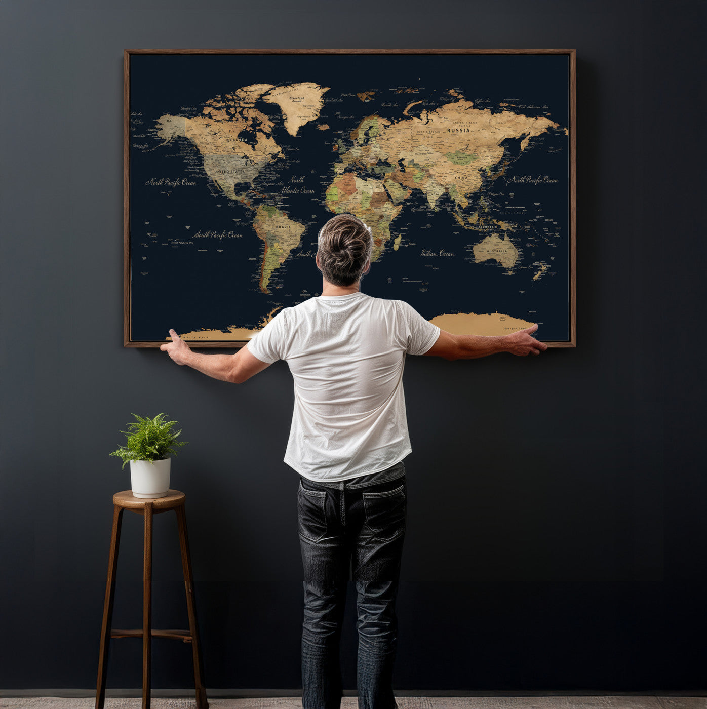 94449133-MGV-CV-36X24 - World Map Wall Art Canvas Print, Modern Decorative Framed Map Artwork Prints for Living Room, Office, Bedroom Wall Decor