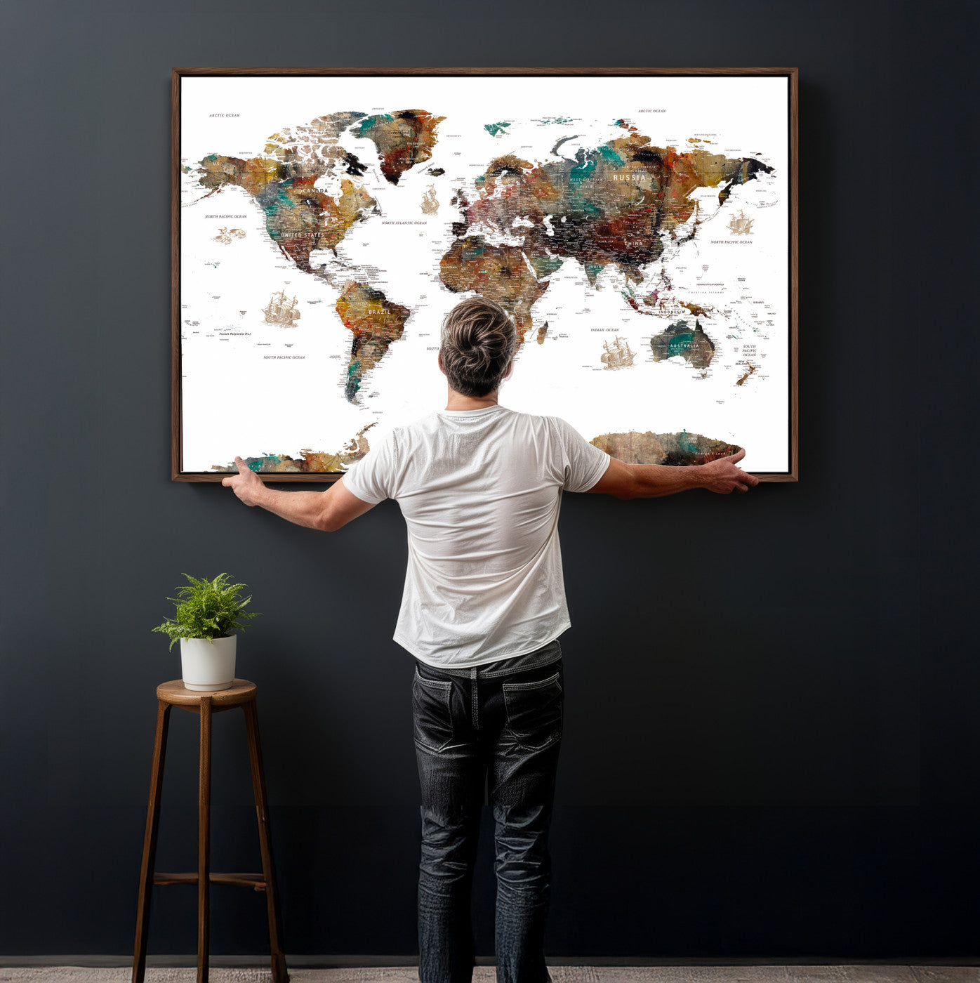 82293175-MGV-CV-36X24 - World Map Wall Art Canvas Print, Modern Decorative Framed Map Artwork Prints for Living Room, Office, Bedroom Wall Decor