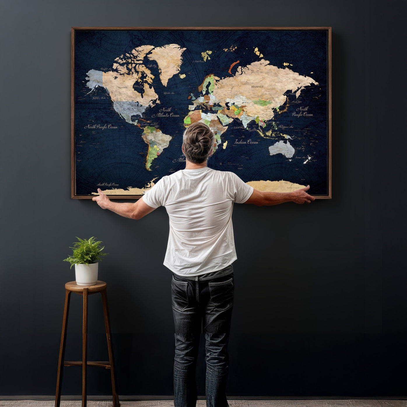 76603563-MGV-CV-36X24 - World Map Wall Art Canvas Print, Modern Decorative Framed Map Artwork Prints for Living Room, Office, Bedroom Wall Decor