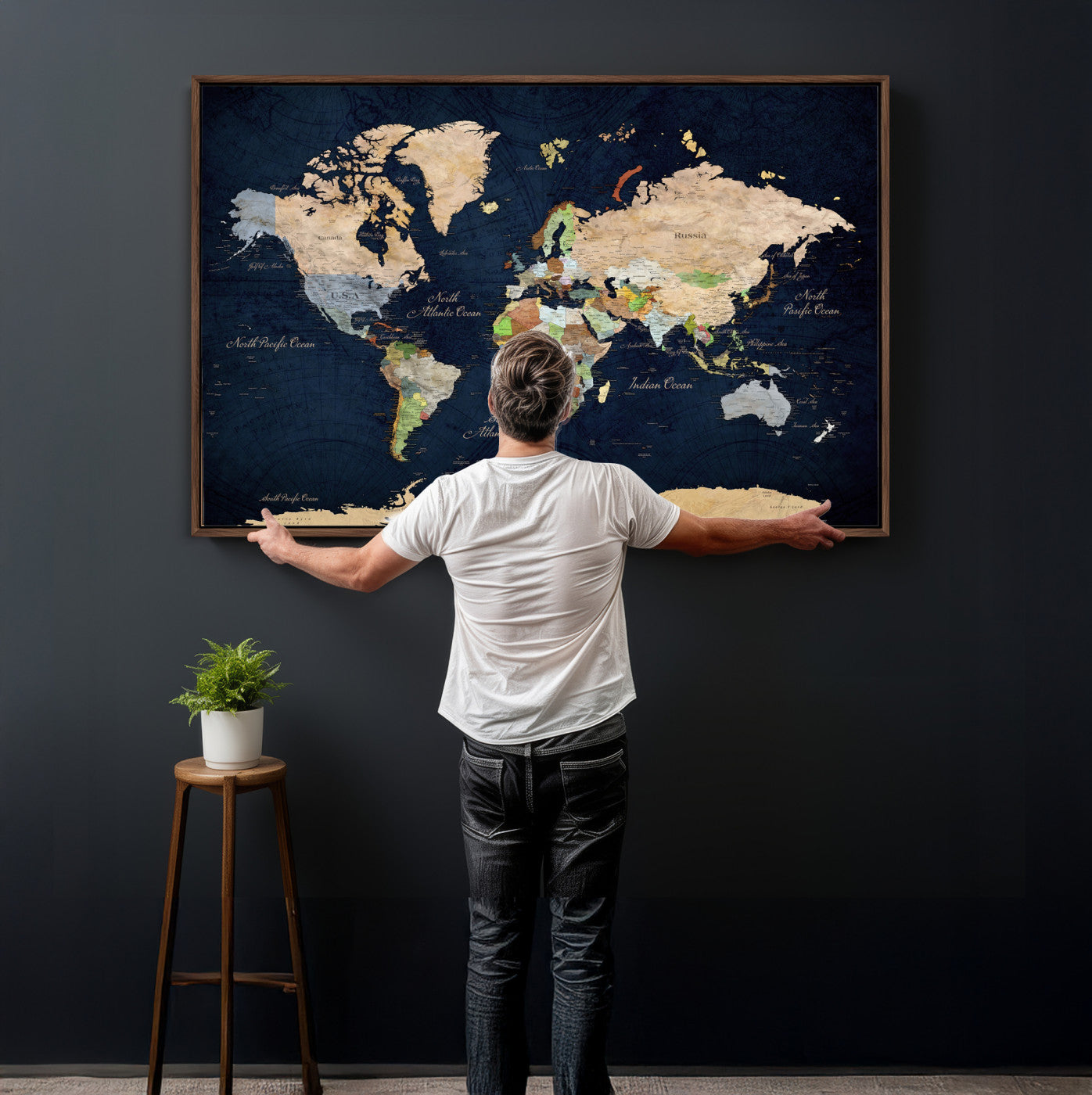 76603563-MGV-CV-36X24 - World Map Wall Art Canvas Print, Modern Decorative Framed Map Artwork Prints for Living Room, Office, Bedroom Wall Decor