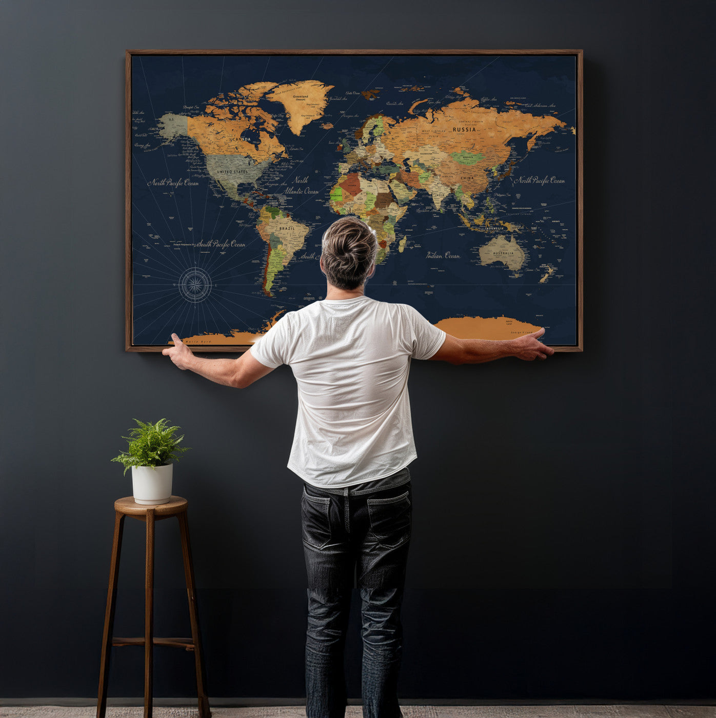 11715182-MGV-CV-36X24 - World Map Wall Art Canvas Print, Modern Decorative Framed Map Artwork Prints for Living Room, Office, Bedroom Wall Decor