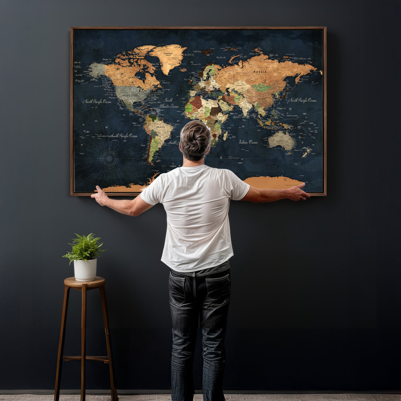 53717402-MGV-CV-36X24 - World Map Wall Art Canvas Print, Modern Decorative Framed Map Artwork Prints for Living Room, Office, Bedroom Wall Decor