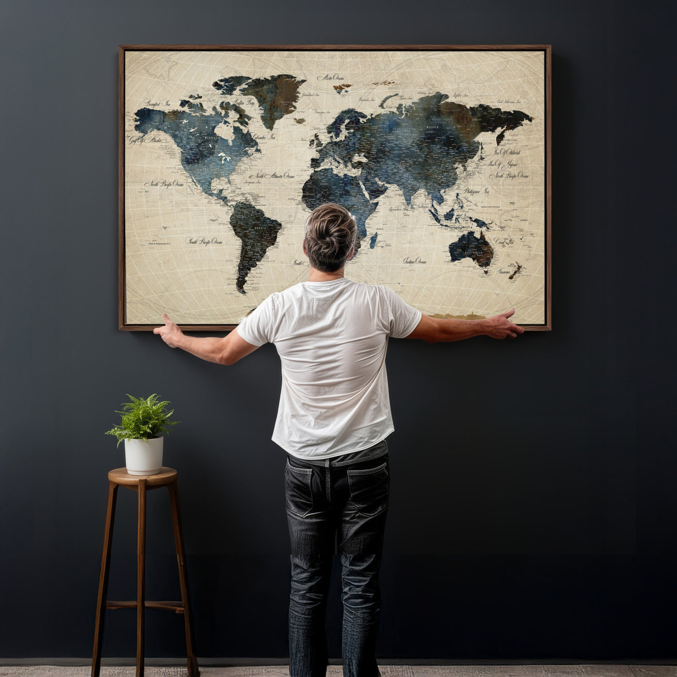72927803-MGV-CV-36X24 - World Map Wall Art Canvas Print, Modern Decorative Framed Map Artwork Prints for Living Room, Office, Bedroom Wall Decor