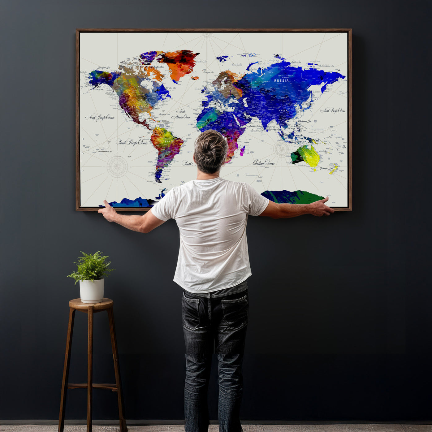 49670038-MGV-CV-36X24 - World Map Wall Art Canvas Print, Modern Decorative Framed Map Artwork Prints for Living Room, Office Decor