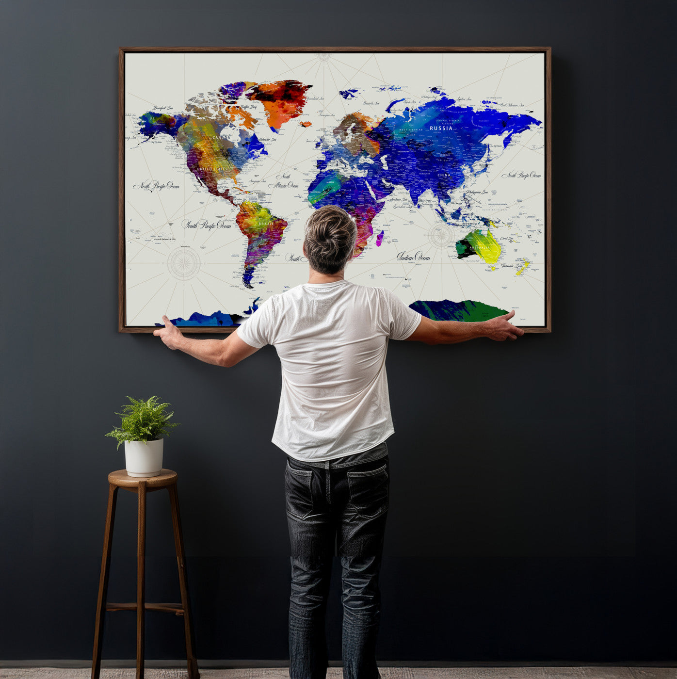 49670038-MGV-CV-36X24 - World Map Wall Art Canvas Print, Modern Decorative Framed Map Artwork Prints for Living Room, Office, Bedroom Wall Decor