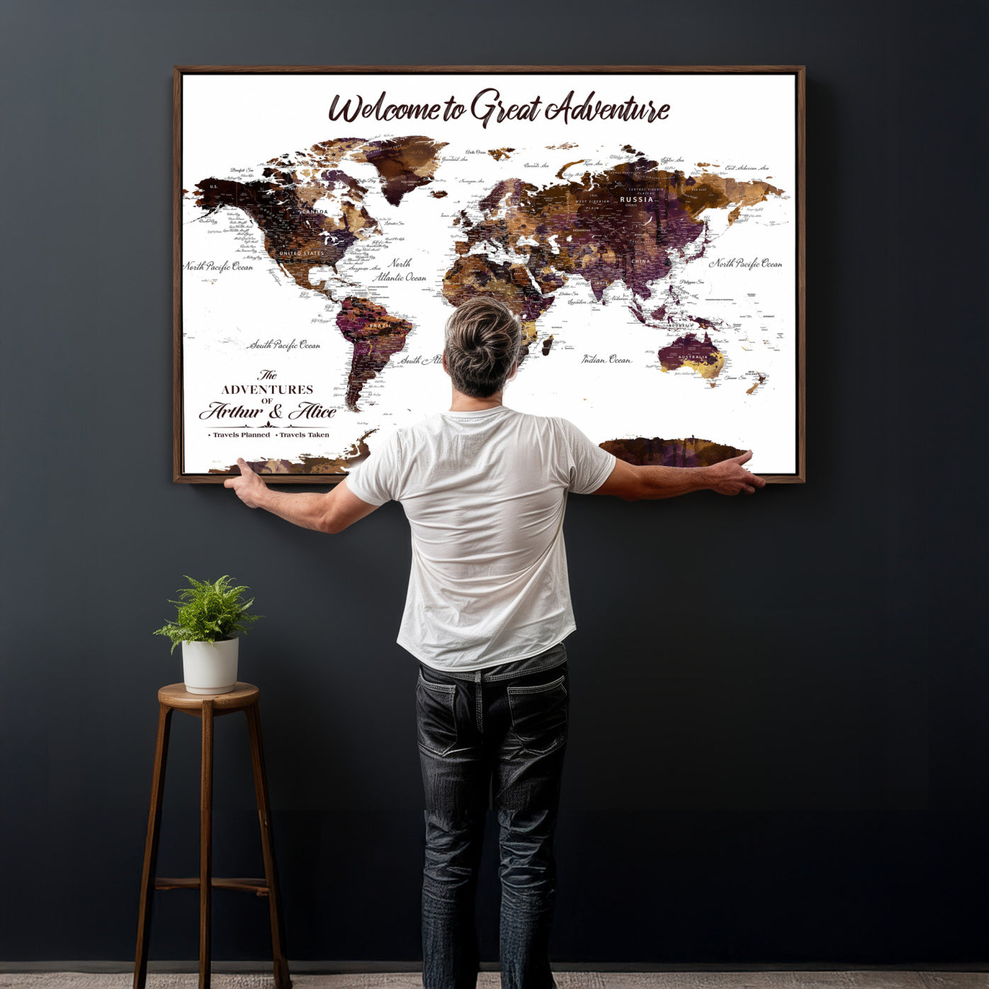 64110391125-MGV-CV-36X24 - Custom Push Pin World Map Wall Art Canvas Print – Personalized Travel Tracker with Pins Framed Large for Home and Office Decor