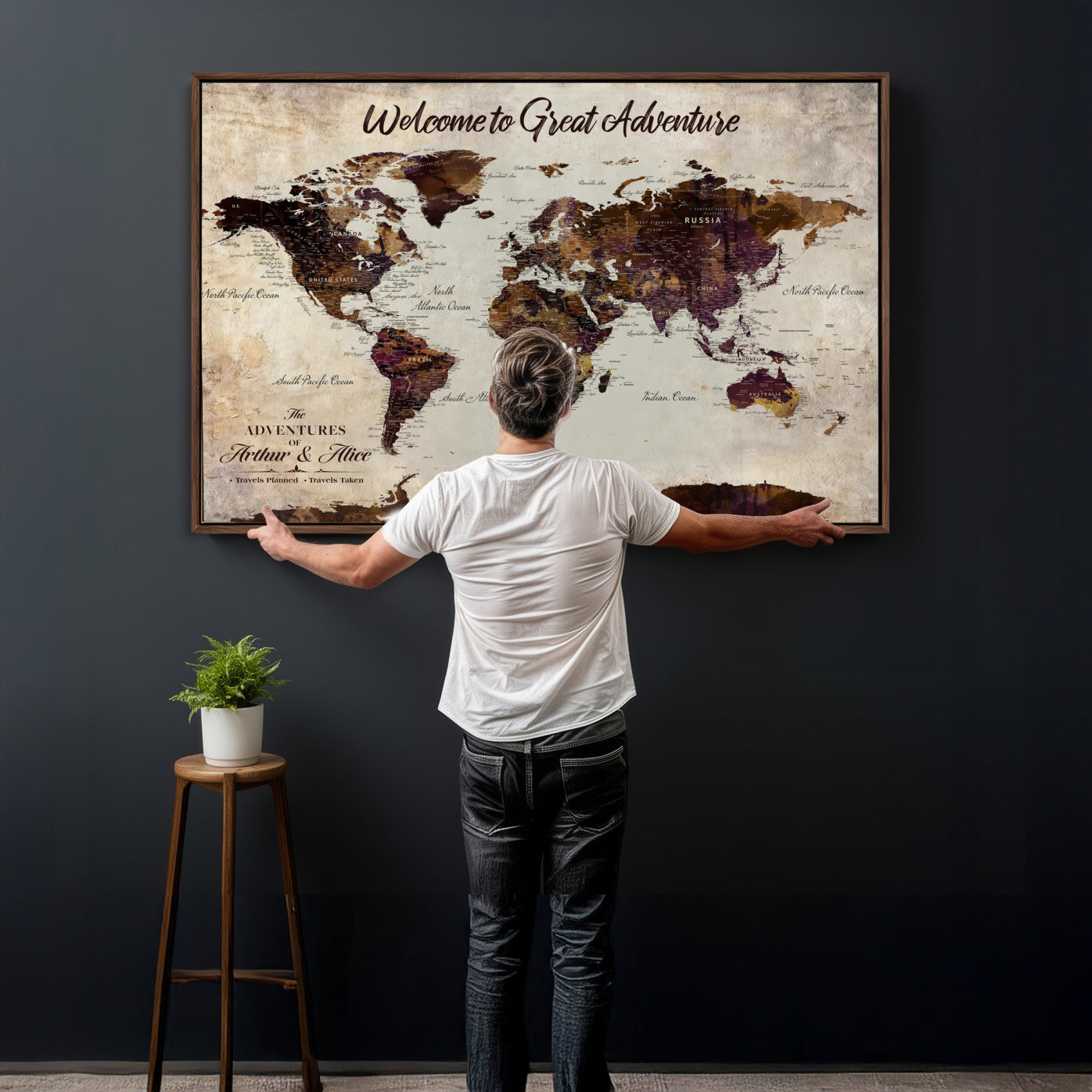 64110391126-MGV-CV-36X24-Custom Push Pin World Map Wall Art Canvas Print – Personalized Travel Tracker with Pins Framed Large for Home and Office Decor