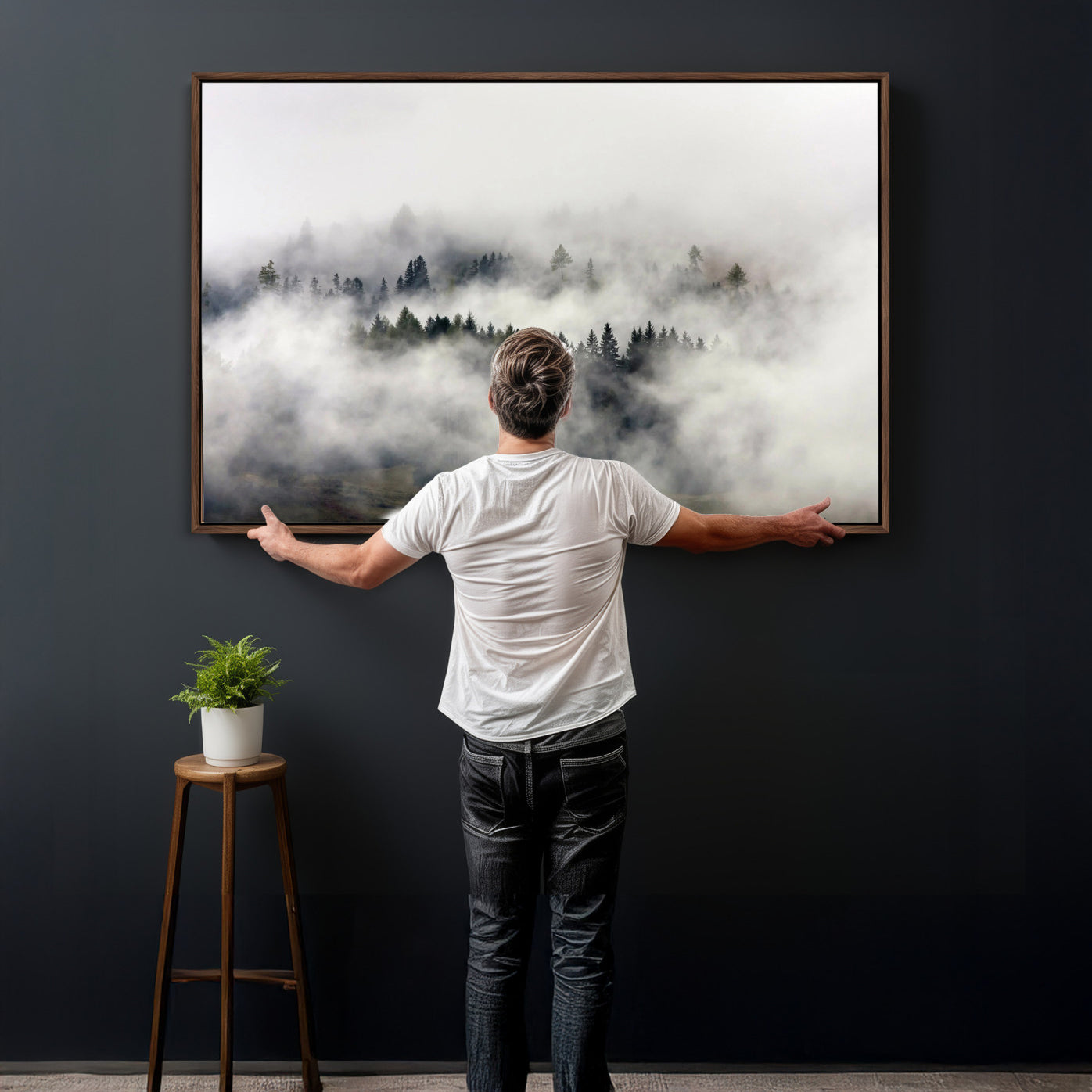 63235457-MGV-CV-36X24 - Foggy Forest Wall Art Canvas Print, Misty Pine Tree Landscape Wall Art Print, Framed Wall Art Ready to Hang