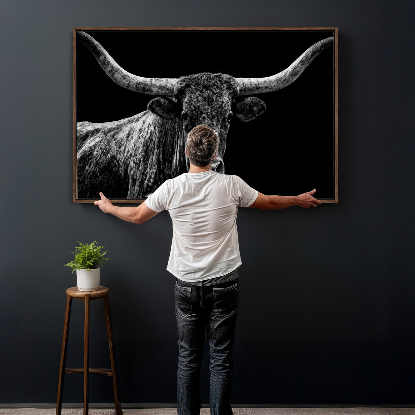 86568508-MGV-CV-36X24 - Vintage Texas Longhorn Bull Wall Art Canvas Print, Texas Cow Portrait Print, Framed Bull Wall Art Ready to Hang