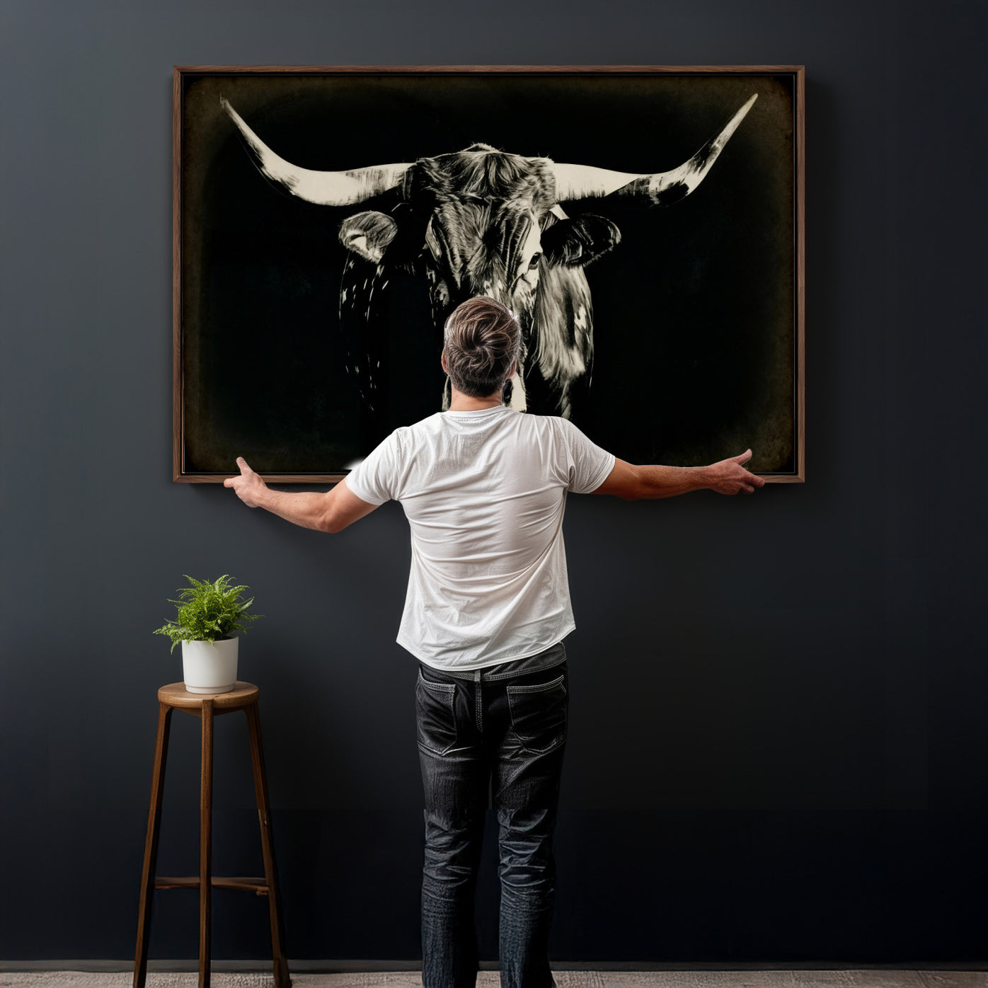 91364114-MGV-CV-36X24 - Black Bull Wall Art Canvas Print, Texas Longhorn Portrait Print, Framed Wall Art Ready to Hang