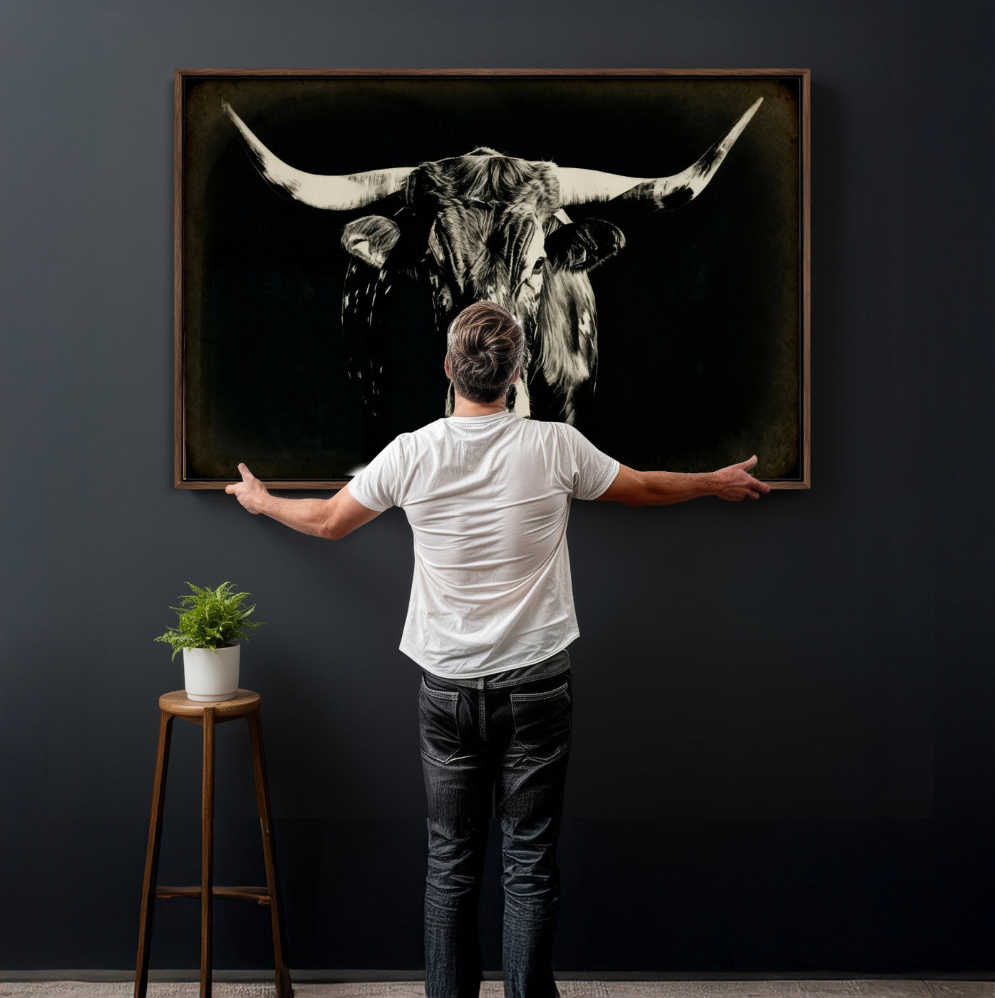 91364114-MGV-CV-36X24 - Black Bull Wall Art Canvas Print, Texas Longhorn Portrait Print, Framed Wall Art Ready to Hang