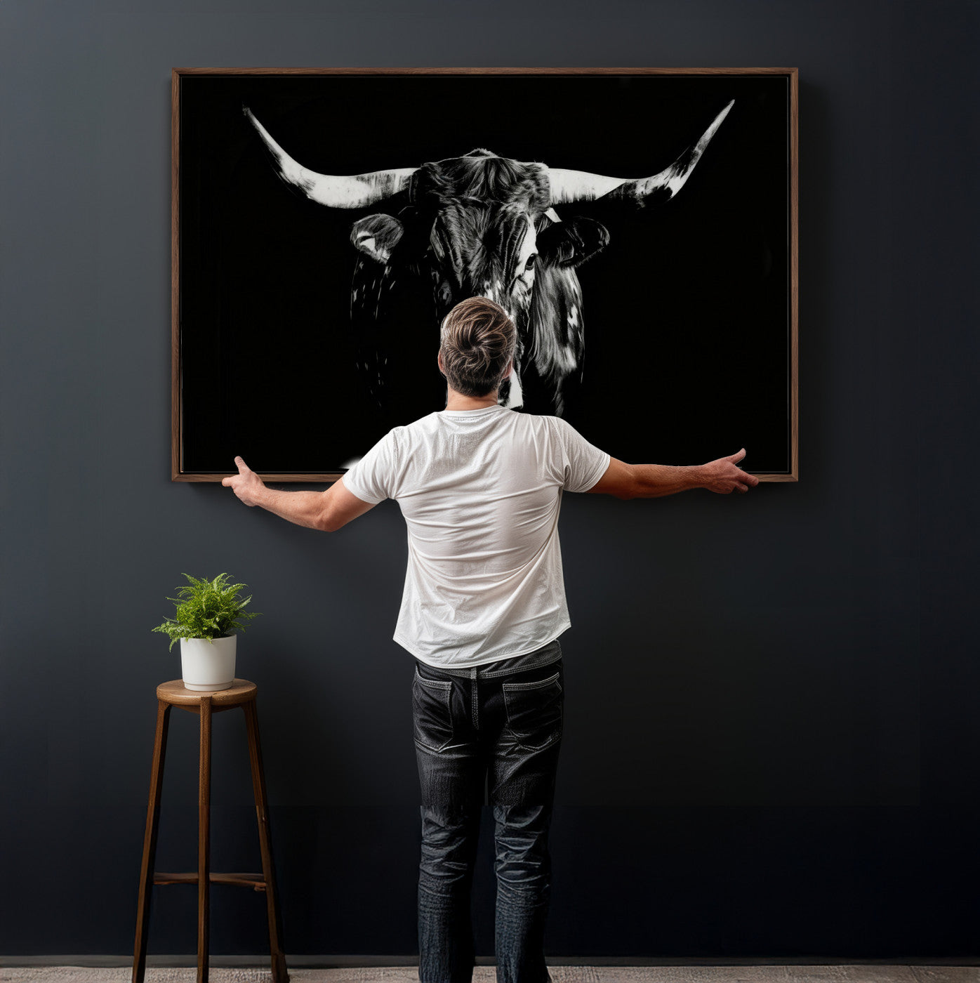 21436434-MGV-CV-36X24 - Black Bull Wall Art Canvas Print, Dark Longhorn Portrait Photography, Framed Wall Art Ready to Hang
