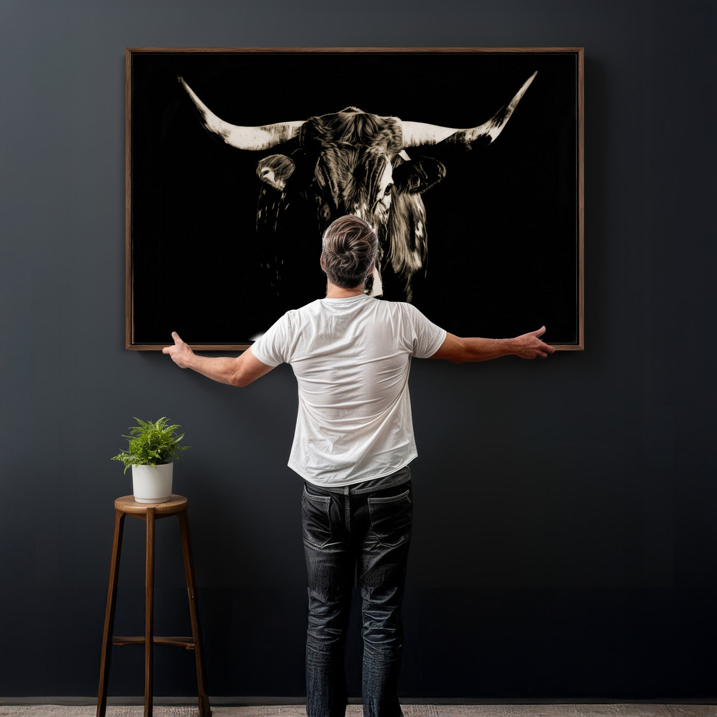 75774468-MGV-CV-36X24 - Black Bull Wall Art Canvas Print, Dark Longhorn Portrait Photography, Framed Wall Art Ready to Hang