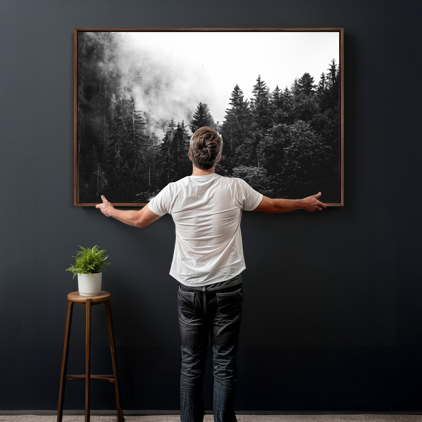 98764151-MGV-CV-36X24 - Black and White Forest Wall Art Canvas Print, Misty Pine Tree Landscape Photography, Framed Wall Art Ready to Hang