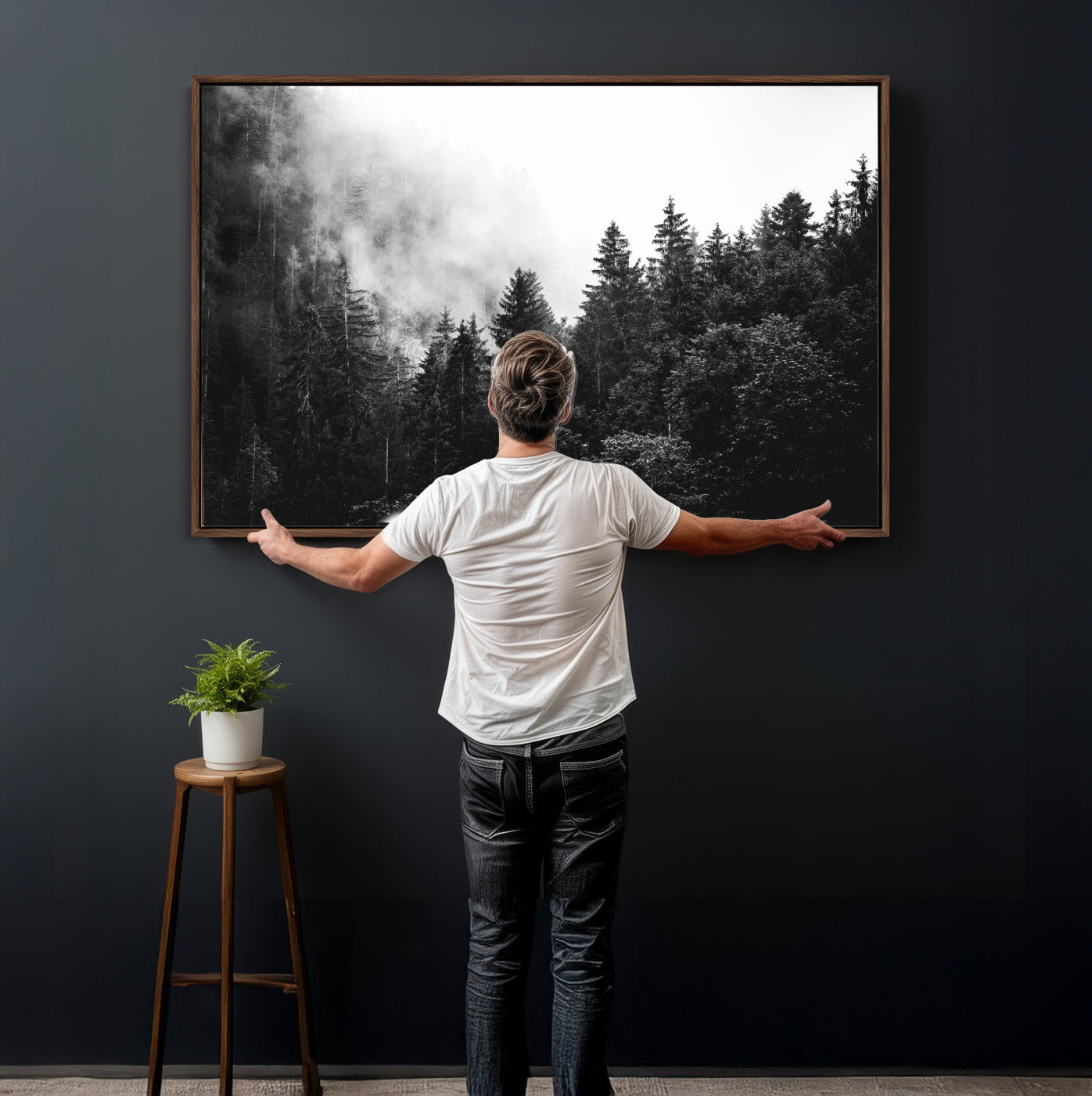 98764151-MGV-CV-36X24 - Black and White Forest Wall Art Canvas Print, Misty Pine Tree Landscape Photography, Framed Wall Art Ready to Hang