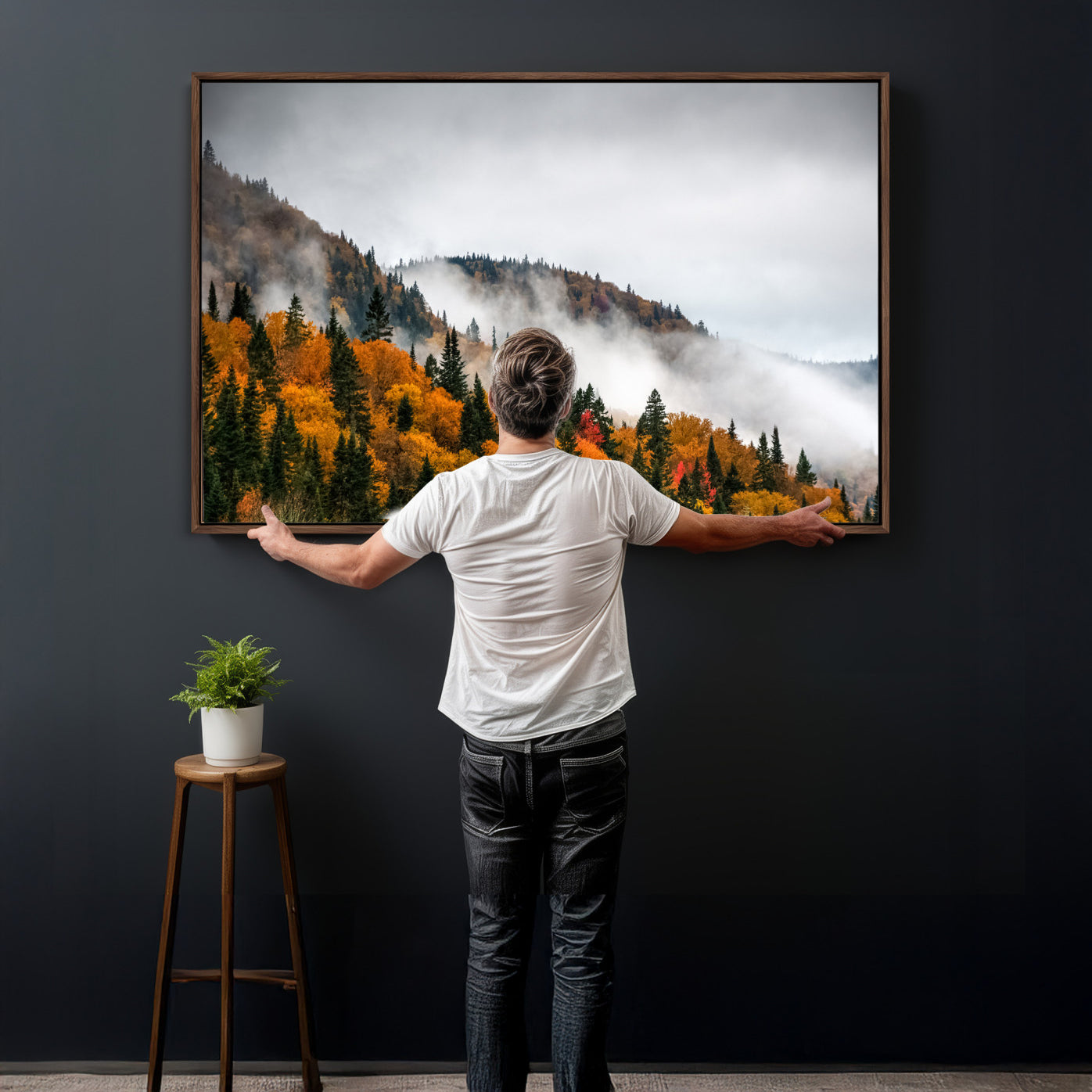 93581632-MGV-CV-36X24 - Autumn Forest Wall Art Canvas Print, Foggy Mountain Landscape Nature Photography, Framed Wall Art Ready to Hang