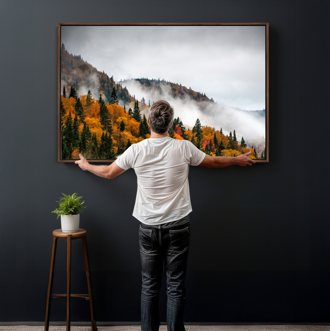 93581632-MGV-CV-36X24 - Autumn Forest Wall Art Canvas Print, Foggy Mountain Landscape Nature Photography, Framed Wall Art Ready to Hang