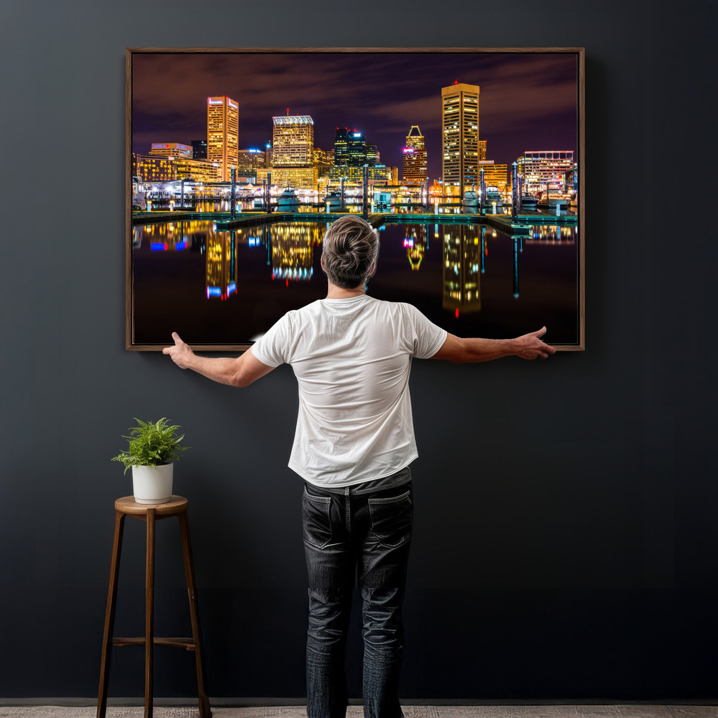 38201692-MGV-CV-36X24 - Baltimore Skyline Wall Art Canvas Print, Baltimore Downtown Night Cityscape Print for Modern Urban Wall Decor