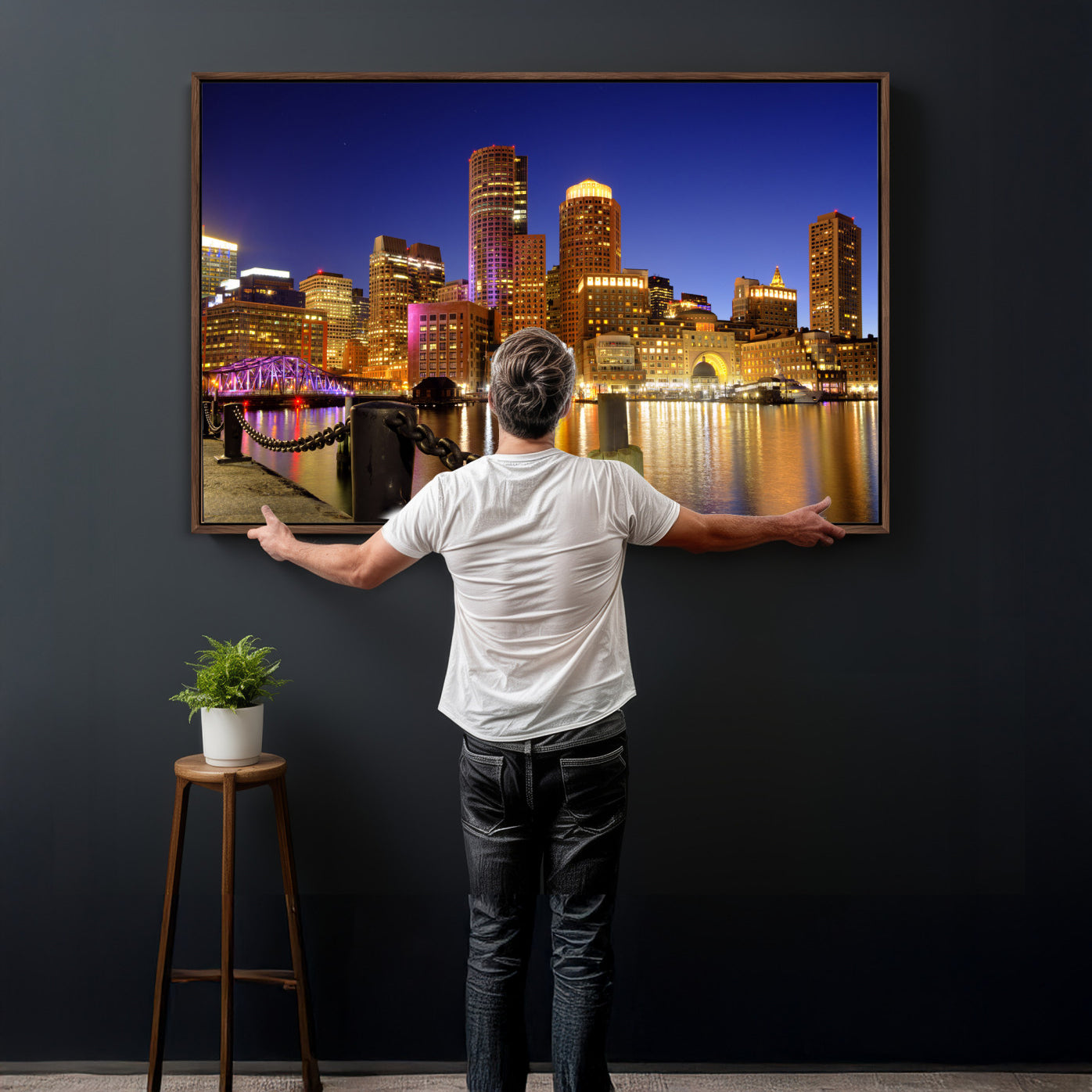 56611117-MGV-CV-36X24 - Boston Wall Art Canvas Print, Boston City Downtown Night Cityscape Print for Modern Urban Wall Decor
