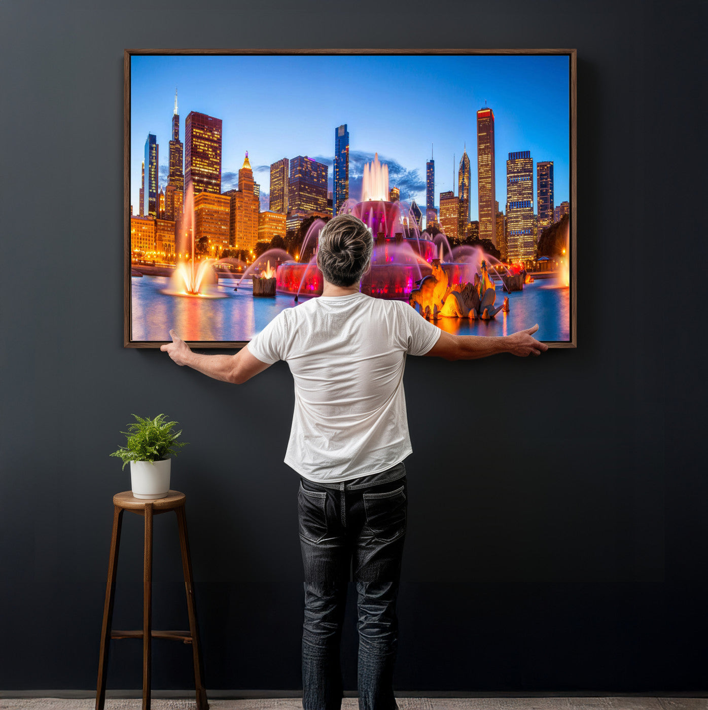 20251989-MGV-CV-36X24 - Chicago Wall Art Canvas Print, Chicago City Downtown Night Cityscape Print for Modern Urban Wall Decor