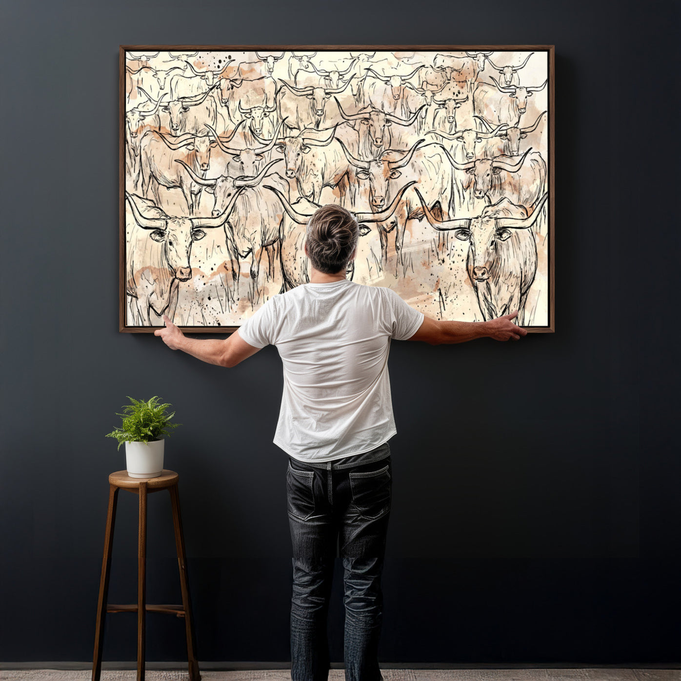 94055403-MGV-CV-36X24 - Farmhouse Animals Wall Art Canvas Print - Abstract Farm Animal Drawing Mid-Century Wall Art for Cabin Decor