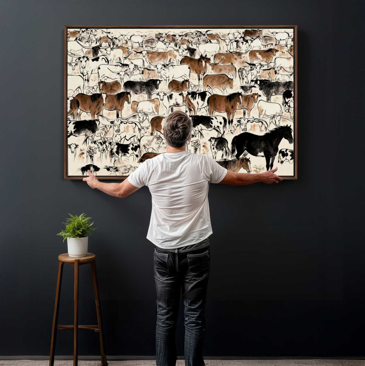 86150485-MGV-CV-36X24 - Farmhouse Animals Wall Art Canvas Print - Abstract Farm Animal Drawing Mid-Century Wall Art for Cabin Decor