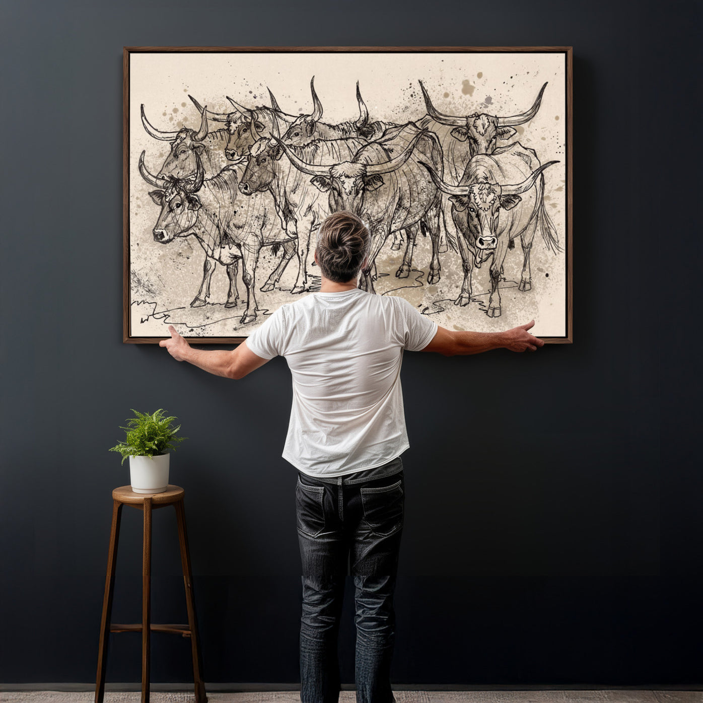 74232558-MGV-CV-36X24 - Farmhouse Animals Wall Art Canvas Print - Abstract Farm Animal Drawing Mid-Century Wall Art for Cabin Decor