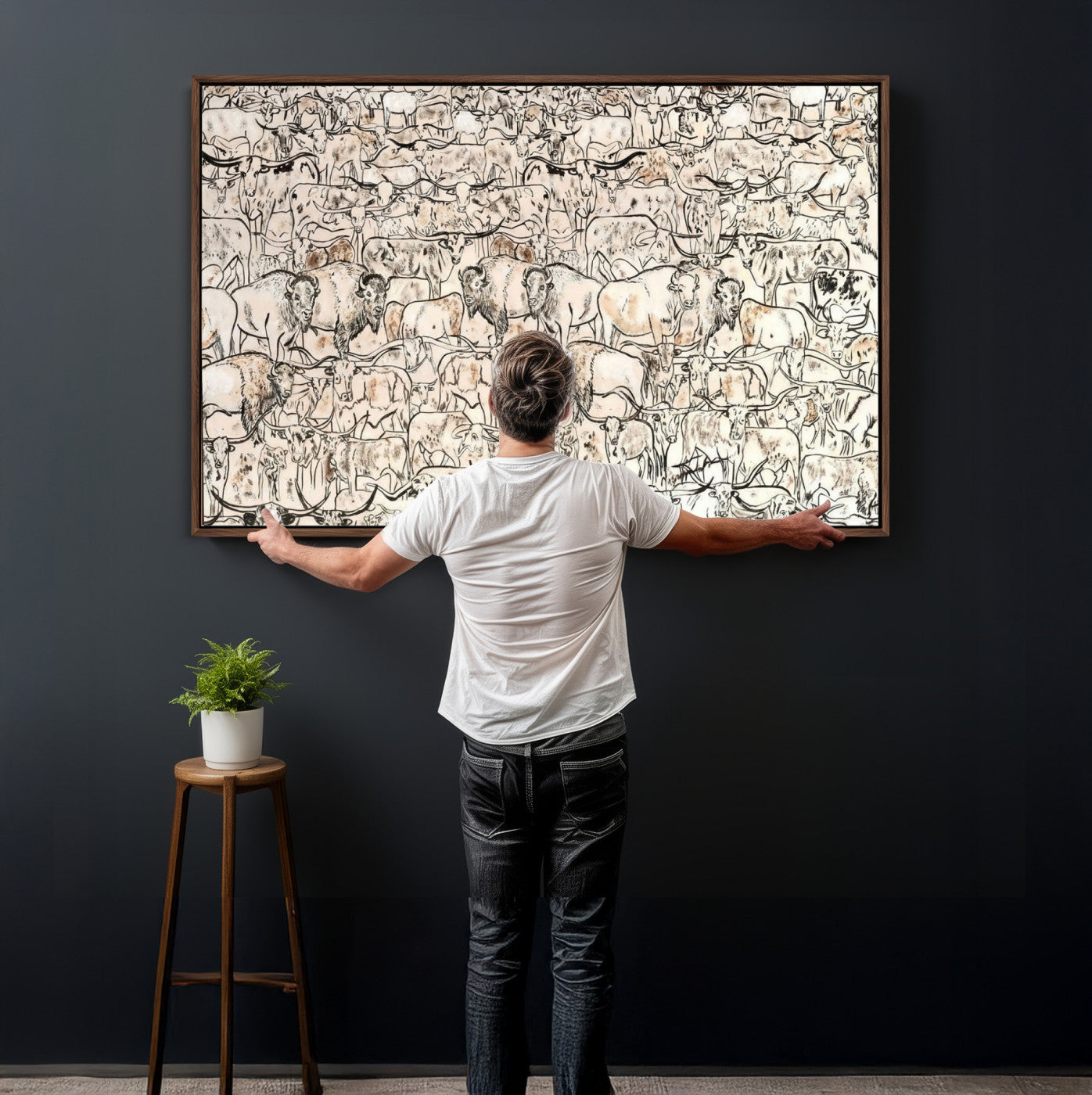 36925875-MGV-CV-36X24 - Farmhouse Animals Wall Art Canvas Print - Abstract Farm Animal Drawing Mid-Century Wall Art for Cabin Decor